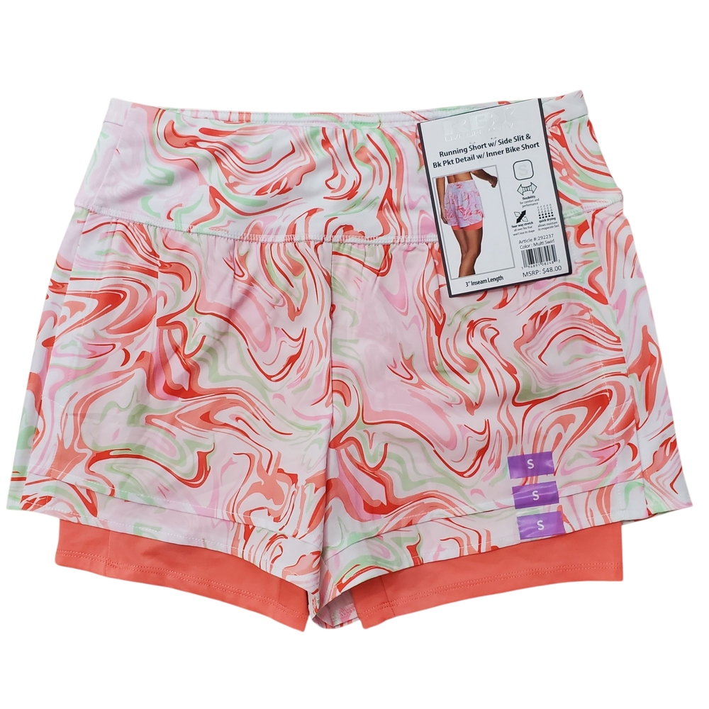 RBX Multi Swirl Athletic Shorts Side Slit & BK PKT Detail W/Inner Bike Shorts Sm